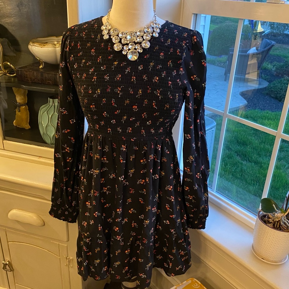 American Eagle long sleeve dress, smocked, black floral print, small